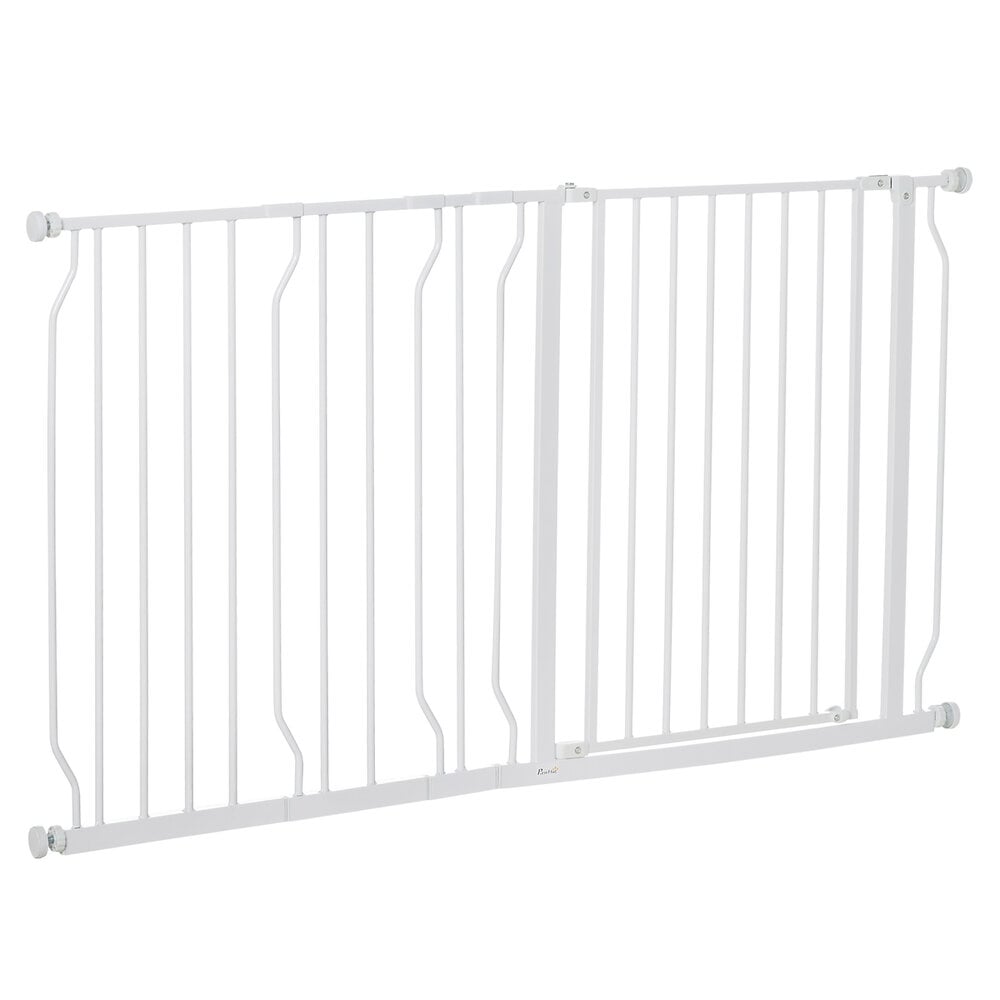 Barrière de sécurité animaux - longueur réglable dim. 75-82 cm - porte  verrouillable, ouverture double sens - sans perçage - acier noir pin