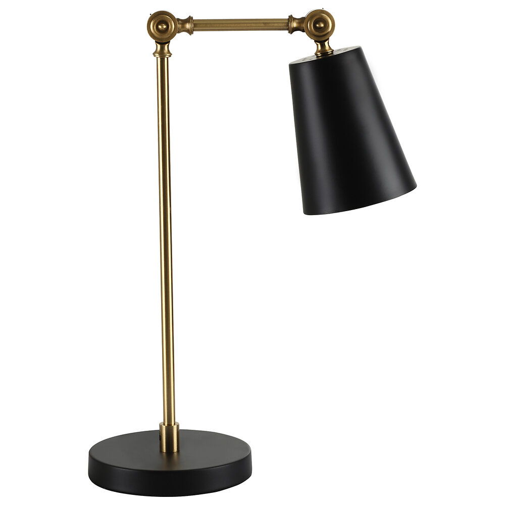 lampe de table style néo-rétro - lampe de bureau - douille e27 40w max. - pied corps articulé métal doré, abat-jour conique noir