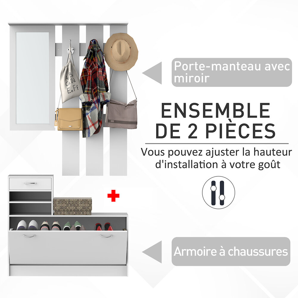 HOMCOM - Ensemble de meubles d'entrée design contemporain : meuble chaussures, miroir et panneau porte-manteau panneaux de particules blanc - large