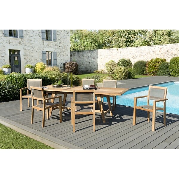 HARRIS - SALON DE JARDIN EN BOIS TECK 2 pers - Ensemble de jardin - 1 Table  carrée pliante 70 cm et 2 chaises textilène taupe