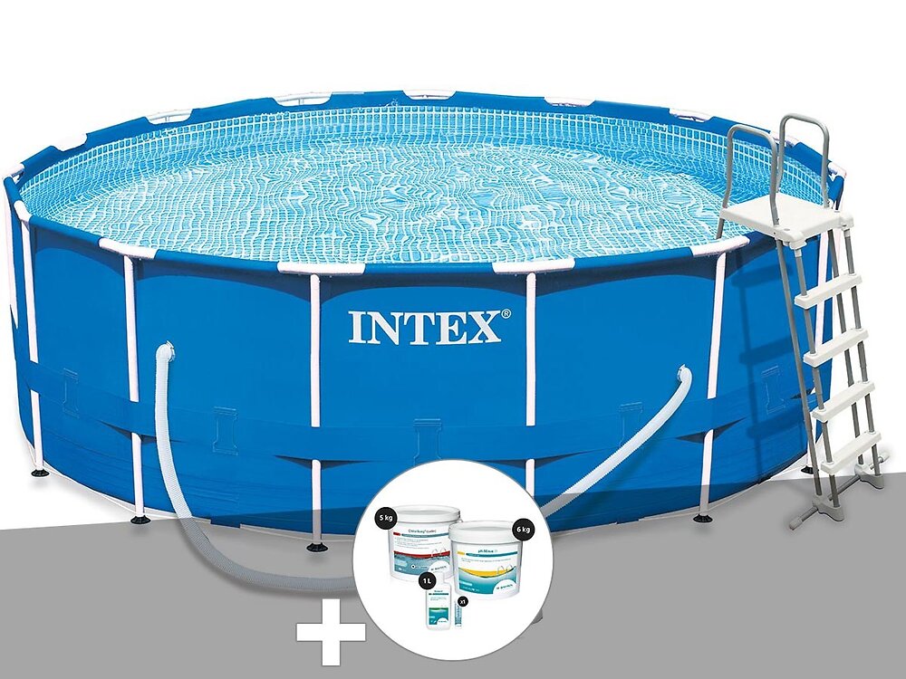 INTEX - Kit piscine tubulaire Intex Metal Frame ronde 4,57 x 1,22 m + Kit de traitement au chlore - large