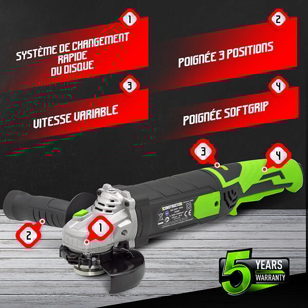 CONSTRUCTOR - Meuleuse d angle 1200W -125MM - vitesse variable - Coffret de rangement - large