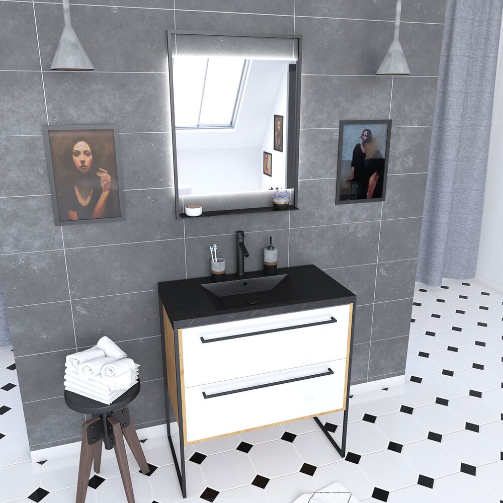 AURLANE - Meuble de salle de bain 80x50cm - vasque noir effet pierre 80x50cm - 2 tiroirs - miroir led - large