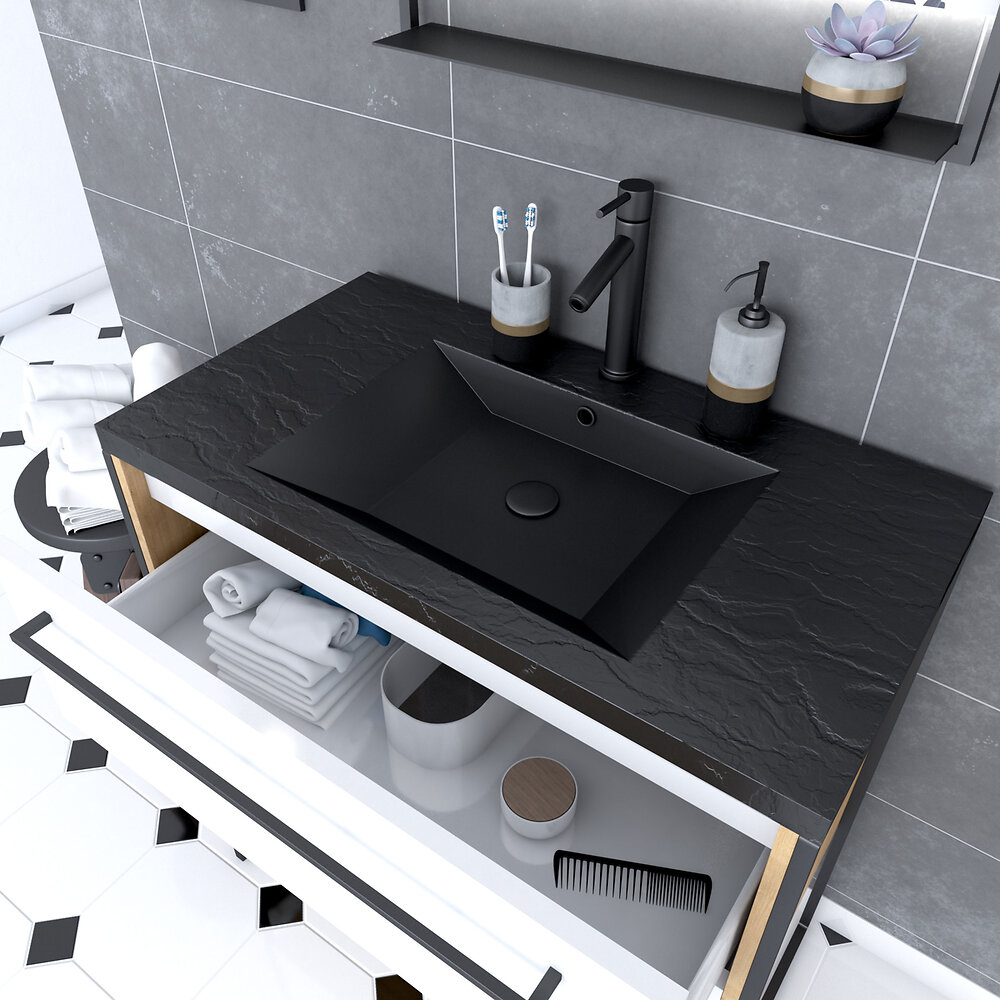 AURLANE - Meuble de salle de bain 80x50cm - vasque noir effet pierre 80x50cm - 2 tiroirs - miroir led - large