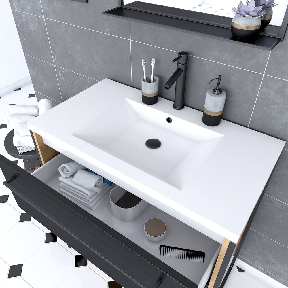 AURLANE - Meuble de salle de bain 80x50cm - vasque blanche 80x50cm - 2 tiroirs noir mat + miroir - large
