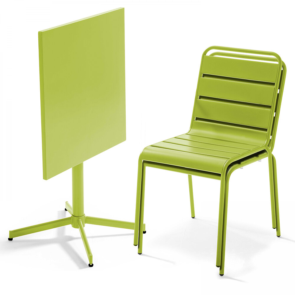 OVIALA - Table de jardin carrée inclinable et 2 chaises métal vert - large