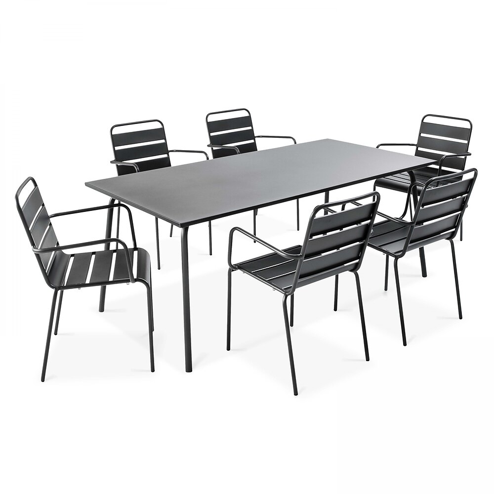 OVIALA - Table de jardin et 6 fauteuils en métal gris - large