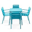 OVIALA - Table de jardin carrée et 4 fauteuils acier bleu - vignette