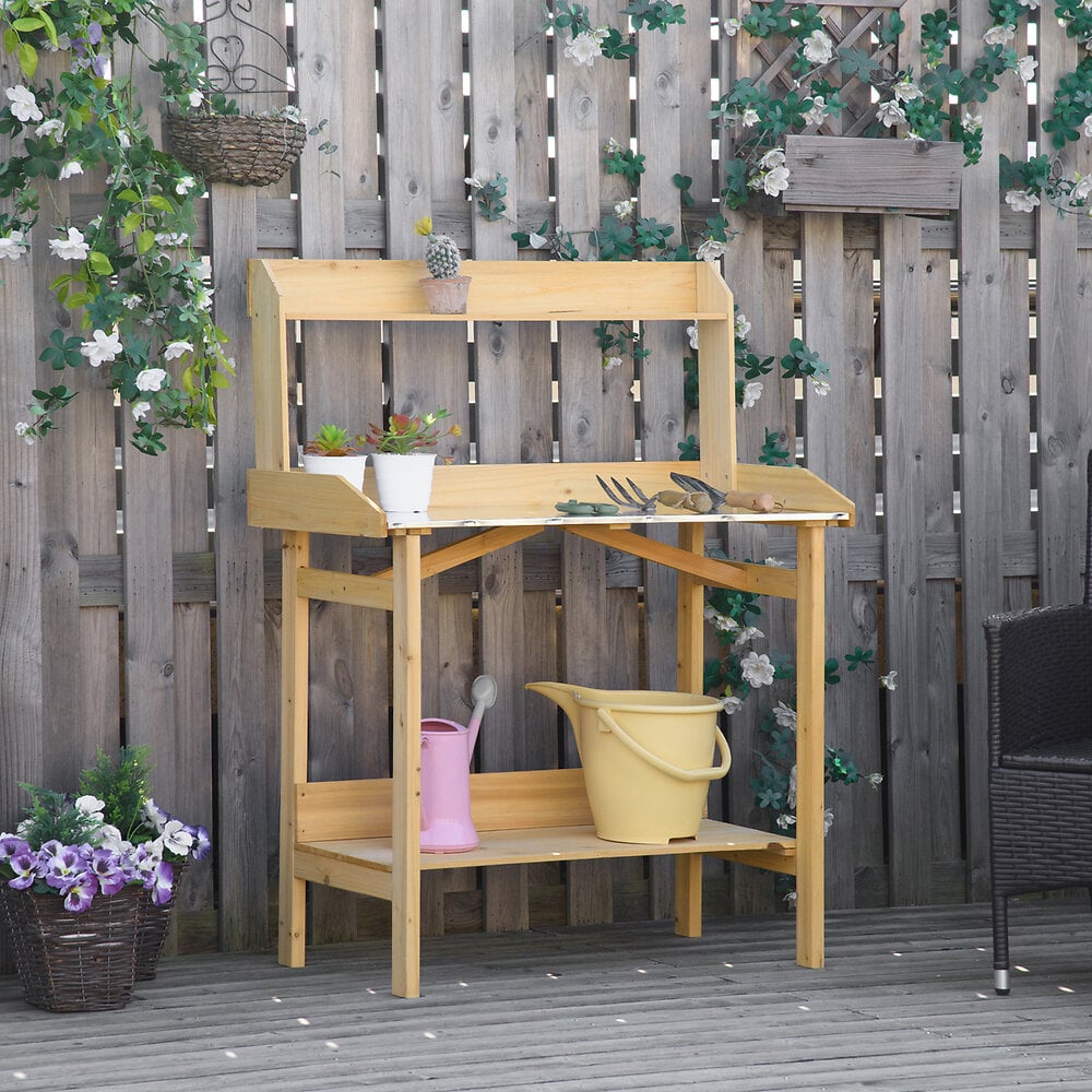 OUTSUNNY - Table de rempotage jardinage - 2 étagères plateau tôle acier galvanisé avec rebord - bois sapin pré-huilé - large