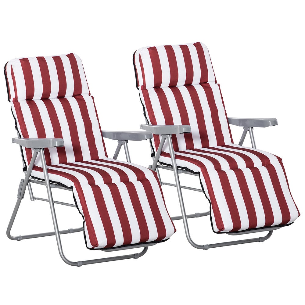 lot de 2 chaises longues bains de soleil ajustables pliables transat lit de jardin en acier rouge + blanc