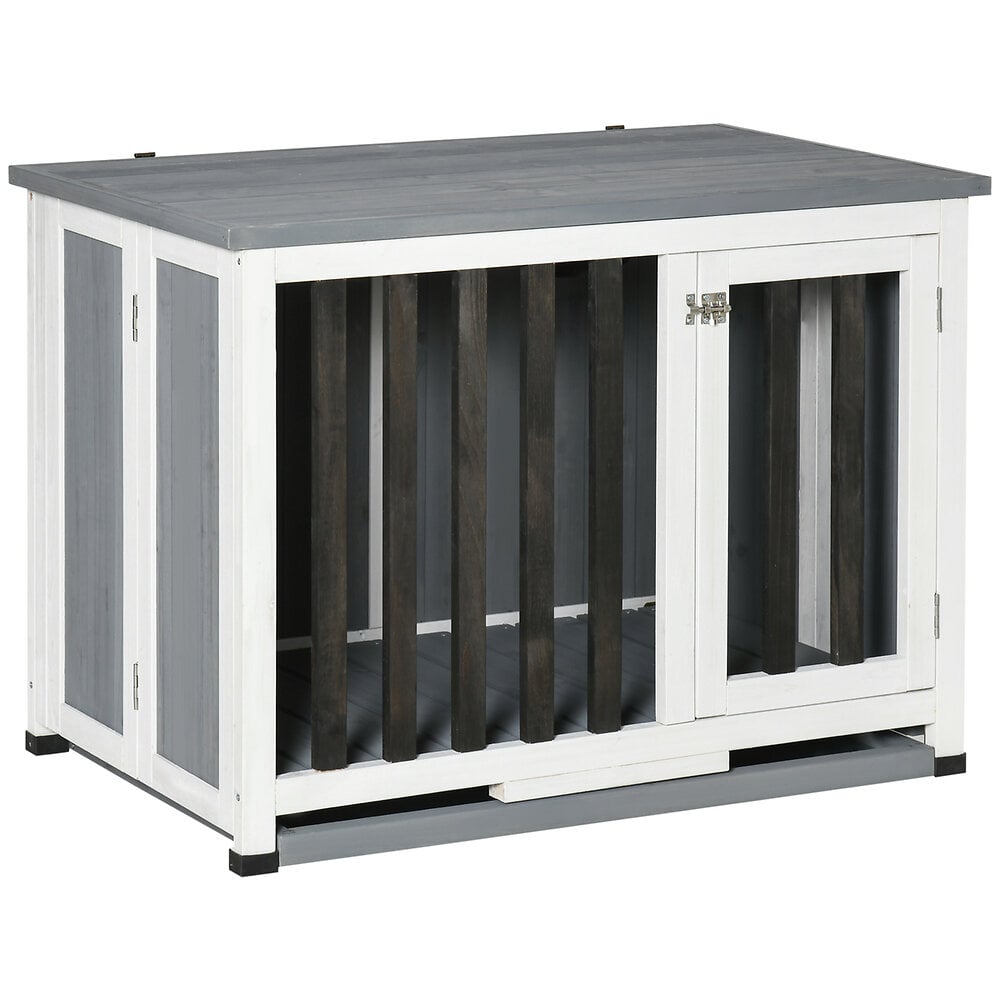 PAWHUT - Cage pour chien animaux pliable dim. 84L x 51l x 61H cm porte verrouillable toit ouvrant plateau déjection bois sapin gris blanc noir - large