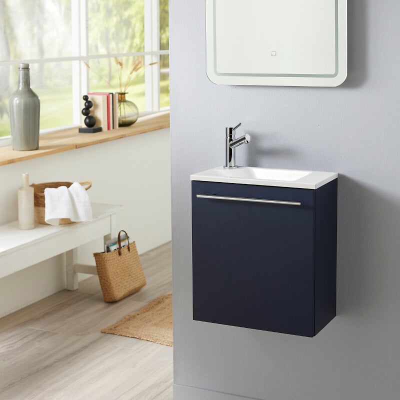 PLANETE_BAIN - Meuble lave-mains pour WC bleu nuit avec vasque design blanche et mitigeur inclus. - large