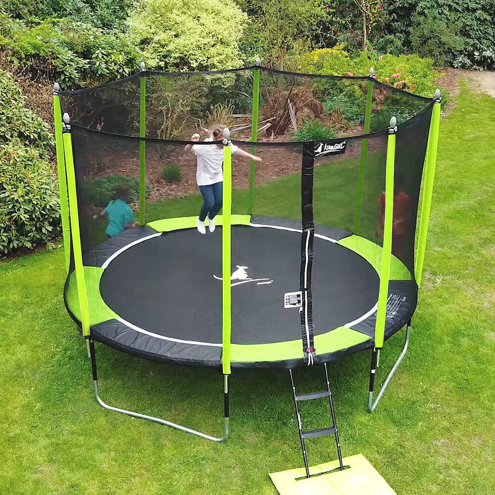 Trampoline de jardin 426 cm + filet de sécurité + échelle JUMPI Vert