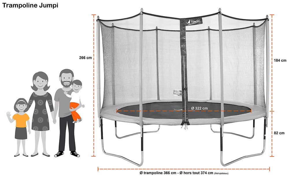 KANGUI - Trampoline de jardin 365 cm + filet de sécurité + échelle + kit d'ancrage  JUMPI - large