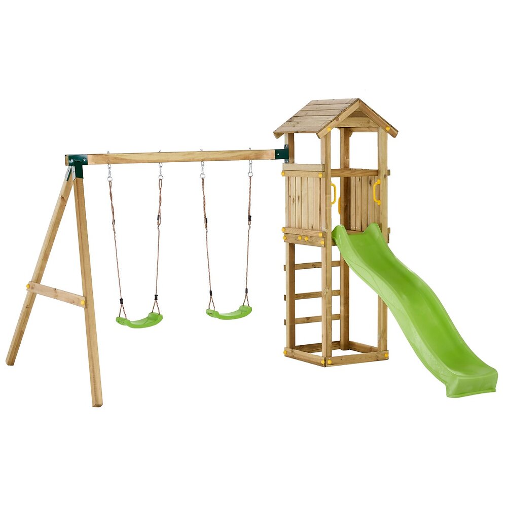 Portique en bois WALLI 2 Balançoires, Toboggan, Cabane, Échelle, Bac