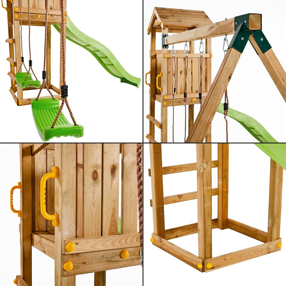 Portique en bois WALLI 2 Balançoires, Toboggan, Cabane, Échelle, Bac