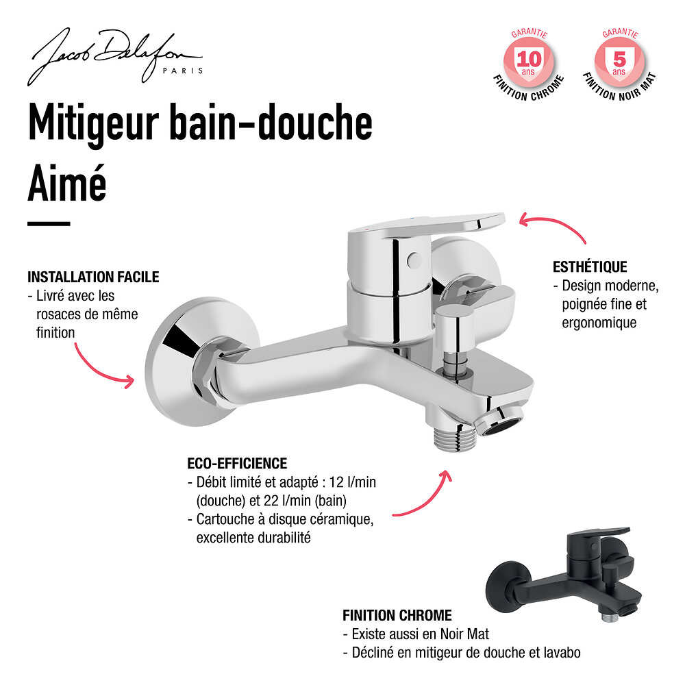 JACOB DELAFON - / Mitigeur bain-douche Aimé + Douchette Shift Ellipse noire + Flexible douche SilverFlex - large