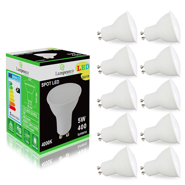 Pack de 10 Ampoules Led GU10 5W Blanc Neutre 4000K eq. 50W Halogène 120
