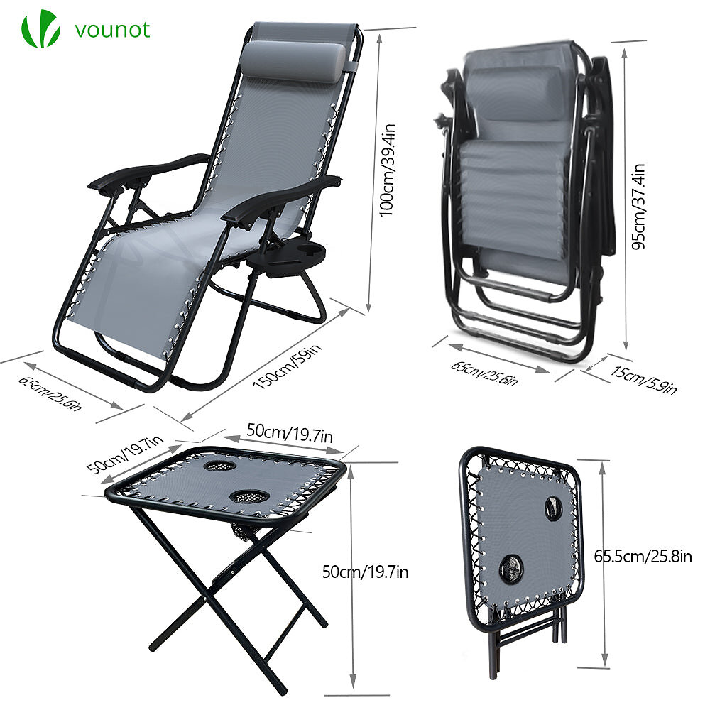 VOUNOT - VOUNOT Lot de 2 Chaise longue inclinable en textilene avec table d'appoint porte gobelet et portable gris - large