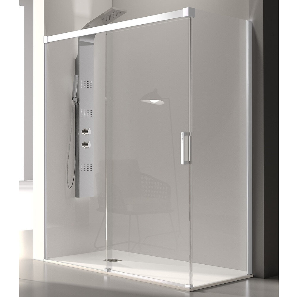 Kassandra - Paroi de douche fixe + Porte coulissante GLASÉ profil blanc 135 cm Paroi latérale : 76 - 79 cm - large