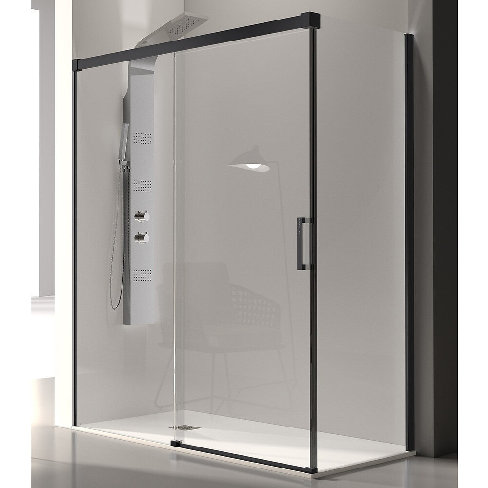 Kassandra - Paroi de douche fixe + Porte coulissante GLASÉ profil noir mat 160 cm Paroi latérale : 66 - 69 cm - large