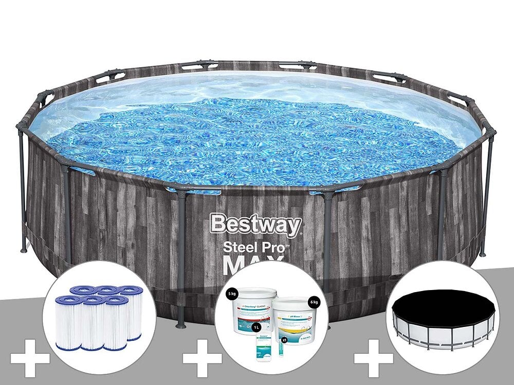 BESTWAY - Kit piscine tubulaire ronde Bestway Steel Pro Max décor bois 3,66 x 1,00 m + 6 cartouches de filtration + Kit de traitement au chlore + Bâche de protection - large