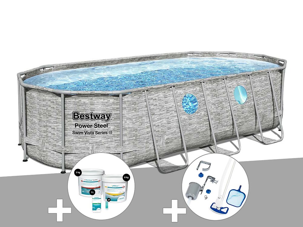 BESTWAY - Kit piscine tubulaire ovale Bestway Power Steel SwimVista avec hublots 5,49 x 2,74 x 1,22 m + Kit de traitement au chlore + Kit d'entretien Deluxe - large
