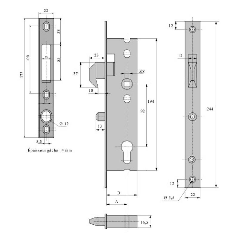 STREMLER - Serrure à larder à mentonnet pour porte ou portail coulissants entraxe 92 mm axe à 37 coffre de 52 mm avec gâche - large