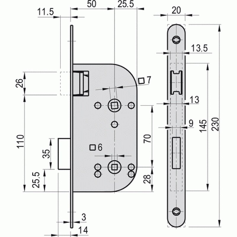 DOM - Serrure à larder à pêne magnétique coffre 145 mm entraxe 70 axe 40 mm carré de 7 mm réversible avec gâche condamnation - large