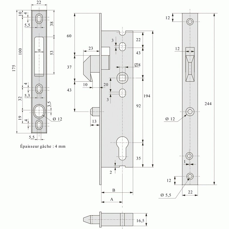 STREMLER - Serrure à larder à mentonnet pour porte ou portail coulissants entraxe 92 mm axe à 26 coffre de 41 mm avec gâche - large