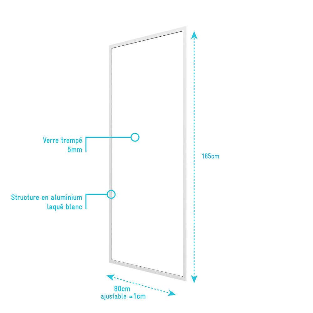 AURLANE - Paroi porte de douche blanc RETOUR 80x185cm pour porte - verre transparent 5mm - WHITY SIDE 80 - large