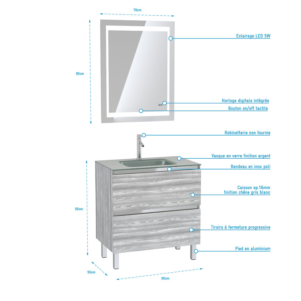 AURLANE - Pack Meuble de salle de bain 80x50 cm Chêne gris-blanc + vasque Argent + miroir LED 70x90 - large