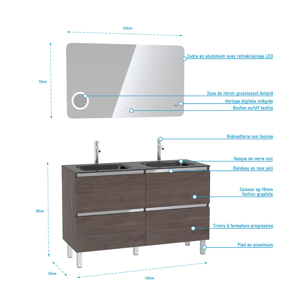 AURLANE - Pack meuble de salle de bain 130x50 cm finition Graphite + vasque Noir + Miroir LED 120x70 - large