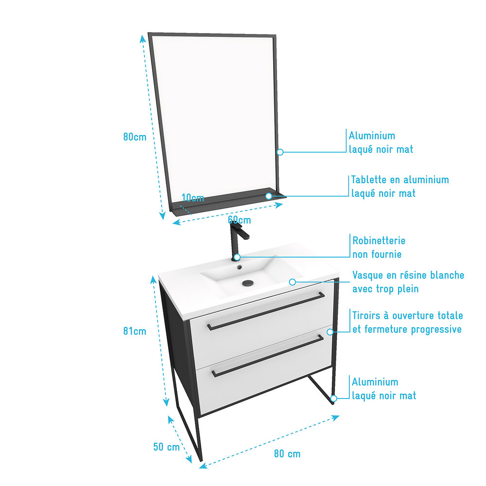 AURLANE - Pack meuble de salle de bain 80x50 cm - 2 tiroirs blanc - vasque blanche + miroir noir mat - large