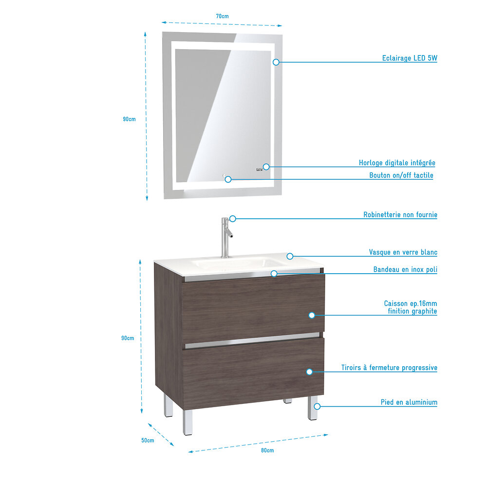 AURLANE - Pack Meuble de salle de bain 80x50 cm Graphite + vasque verre blanc + miroir LED 70x90 - large