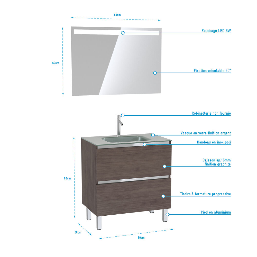 AURLANE - Pack Meuble de salle de bain 80x50 cm Graphite + vasque Argent + miroir LED 80x60 - large