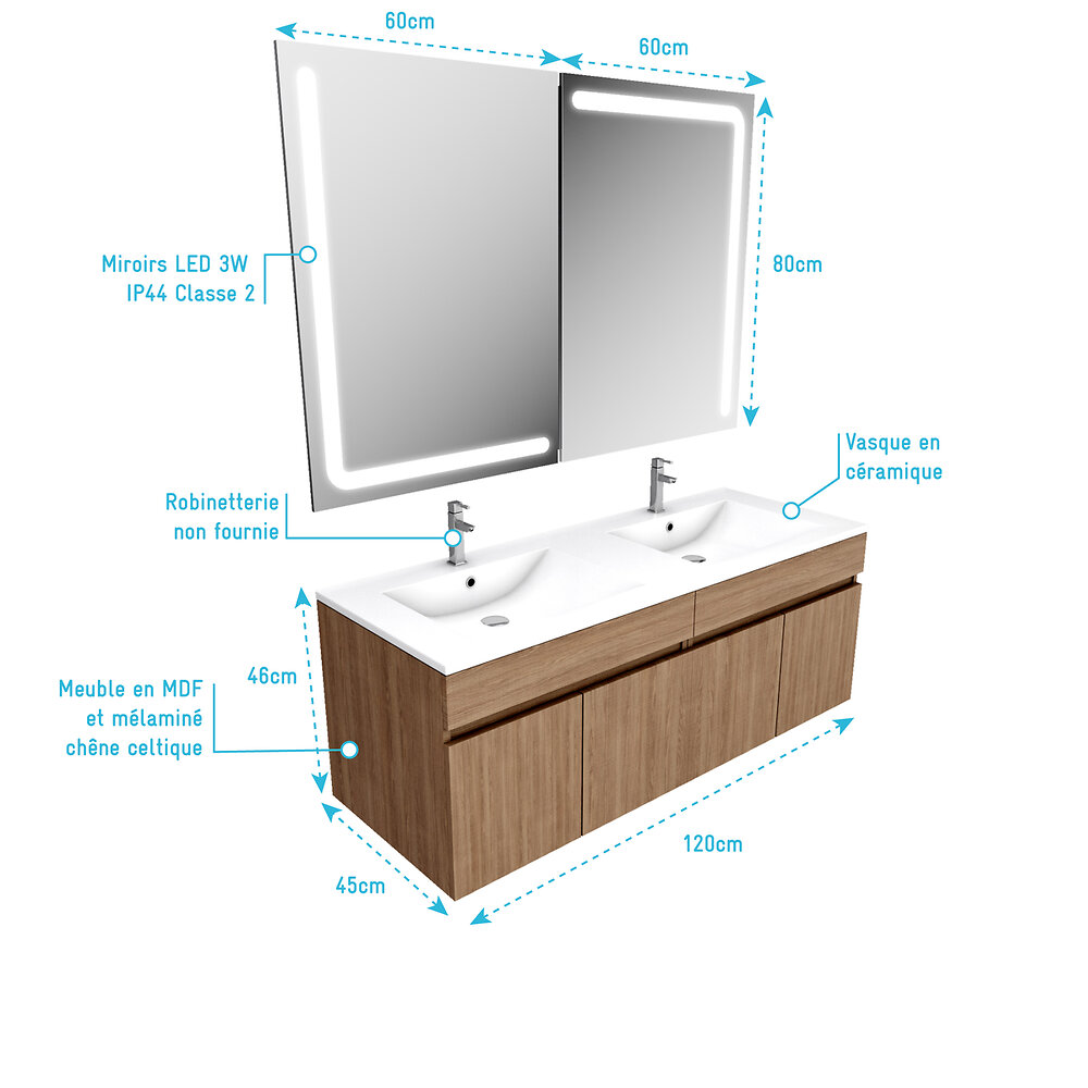 AURLANE - Ensemble Meuble de salle de bain chene celtique 120cm suspendu + vasque ceramique blanche + miroir - large
