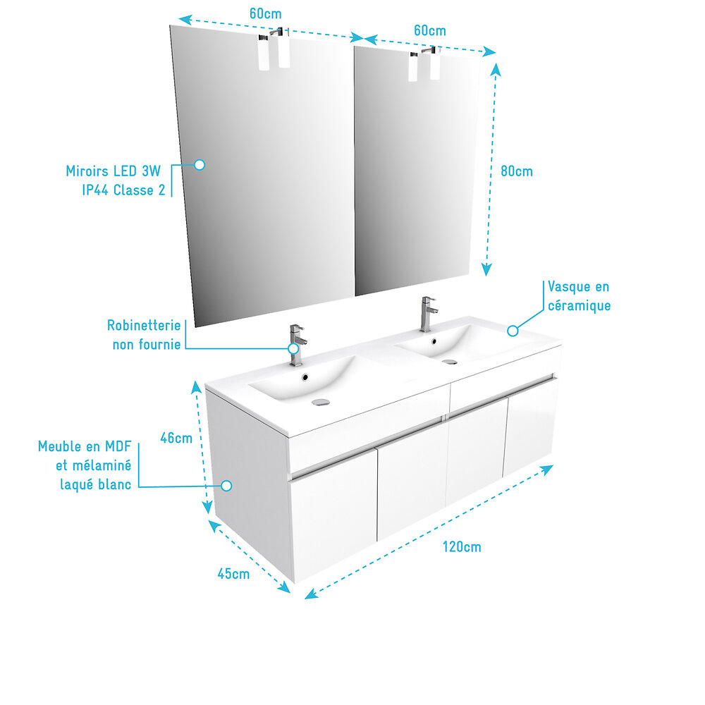 AURLANE - Ensemble Meuble de salle de bain blanc 120cm suspendu a portes + vasque ceramique blanche + miroir - large