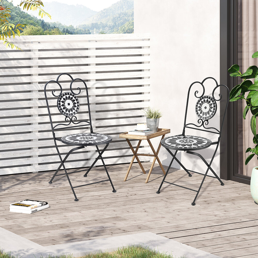 OUTSUNNY - Lot de 2 chaises de jardin pliables style fer forgé mosaïque céramique motif rose des vents métal époxy noir blanc - large