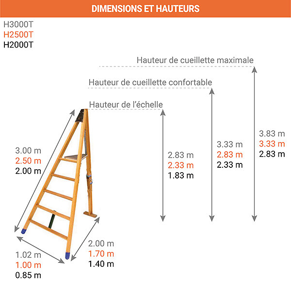 Matisere - Echelle fruitière 9 barreaux - Hauteur de l'échelle 3.00m - H3000T - large