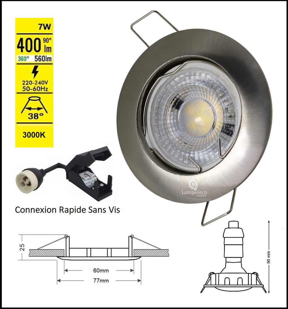 LAMPESECOENERGIE - LOT DE 6 SPOT LED FIXE COMPLETE ALU BROSSE  BLANC CHAUD 38° - large