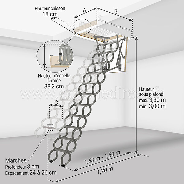 Matisere - Escalier escamotable acier - Ouverture du plafond de 70 x 80cm - LST7080/330 - large