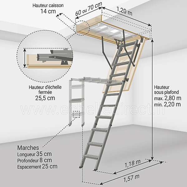 Matisere - Escalier escamotable métallique - Hauteur maximale sous plafond 2.80m - Ouverture du plafond de 60 x 120cm - LMS60120-2 - large