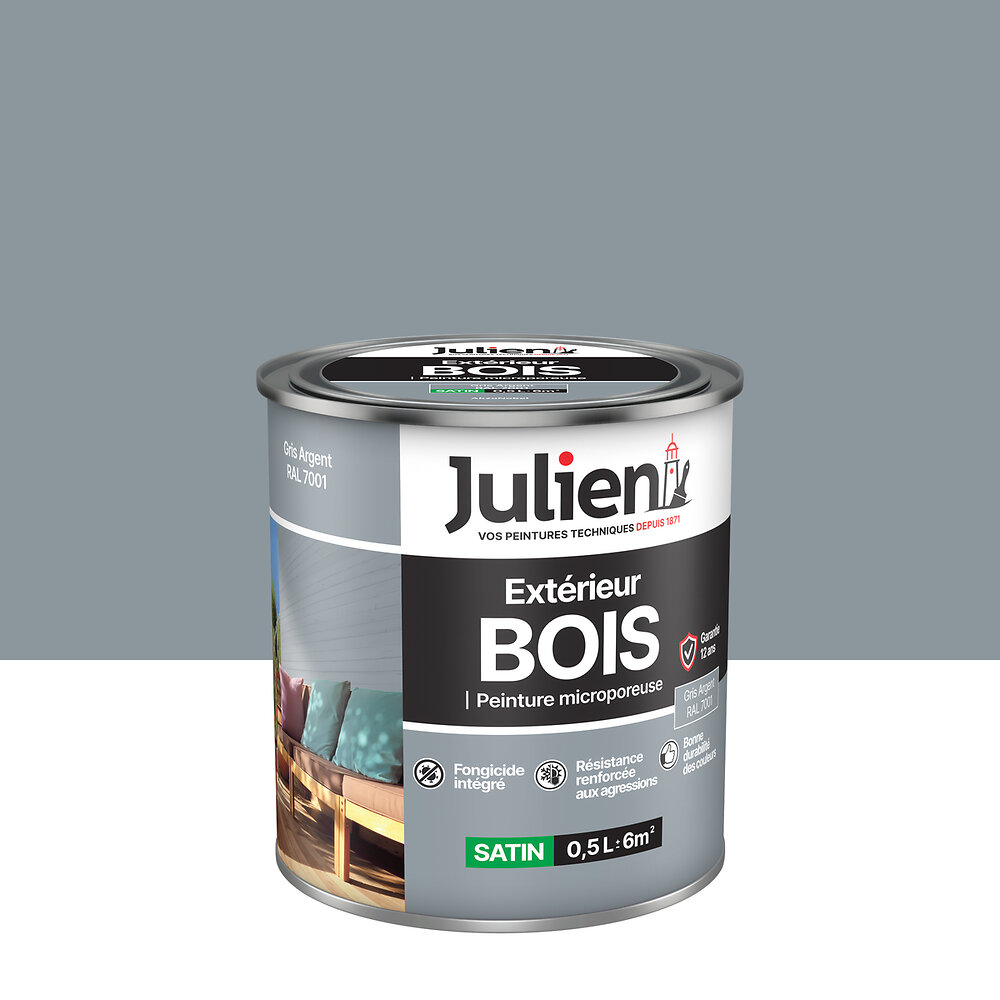 JULIEN - Peinture Extérieure Julien Bois Microporeux Gris Argent 0,5 L - large