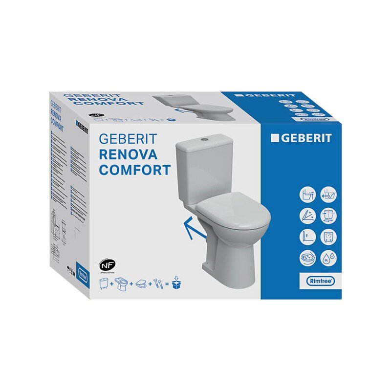 GEBERIT - Pack WC à poser Geberit Renova Comfort - Surélevé - Rimfree - Sortie horizontale - 37x67cm - Blanc - large