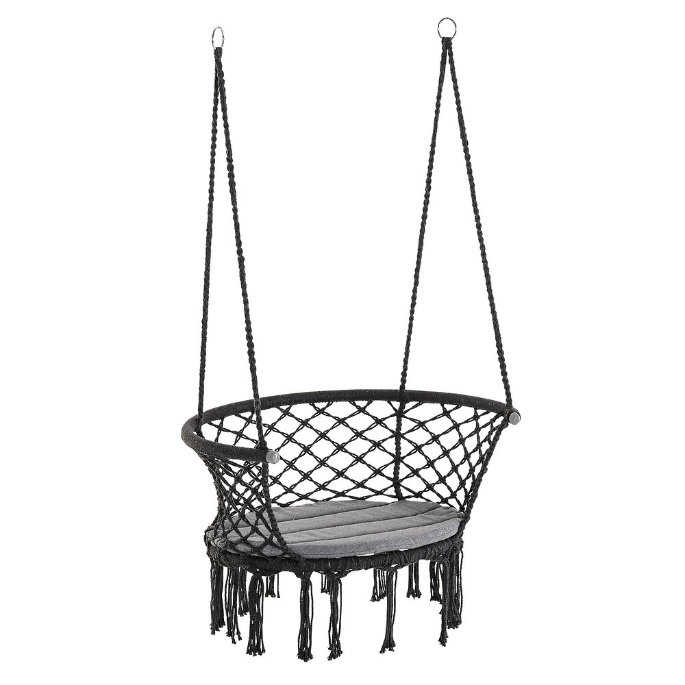 chaise suspendue hamac de voyage portable dim. 80l x 60l x 36h m macramé coton polyester gris