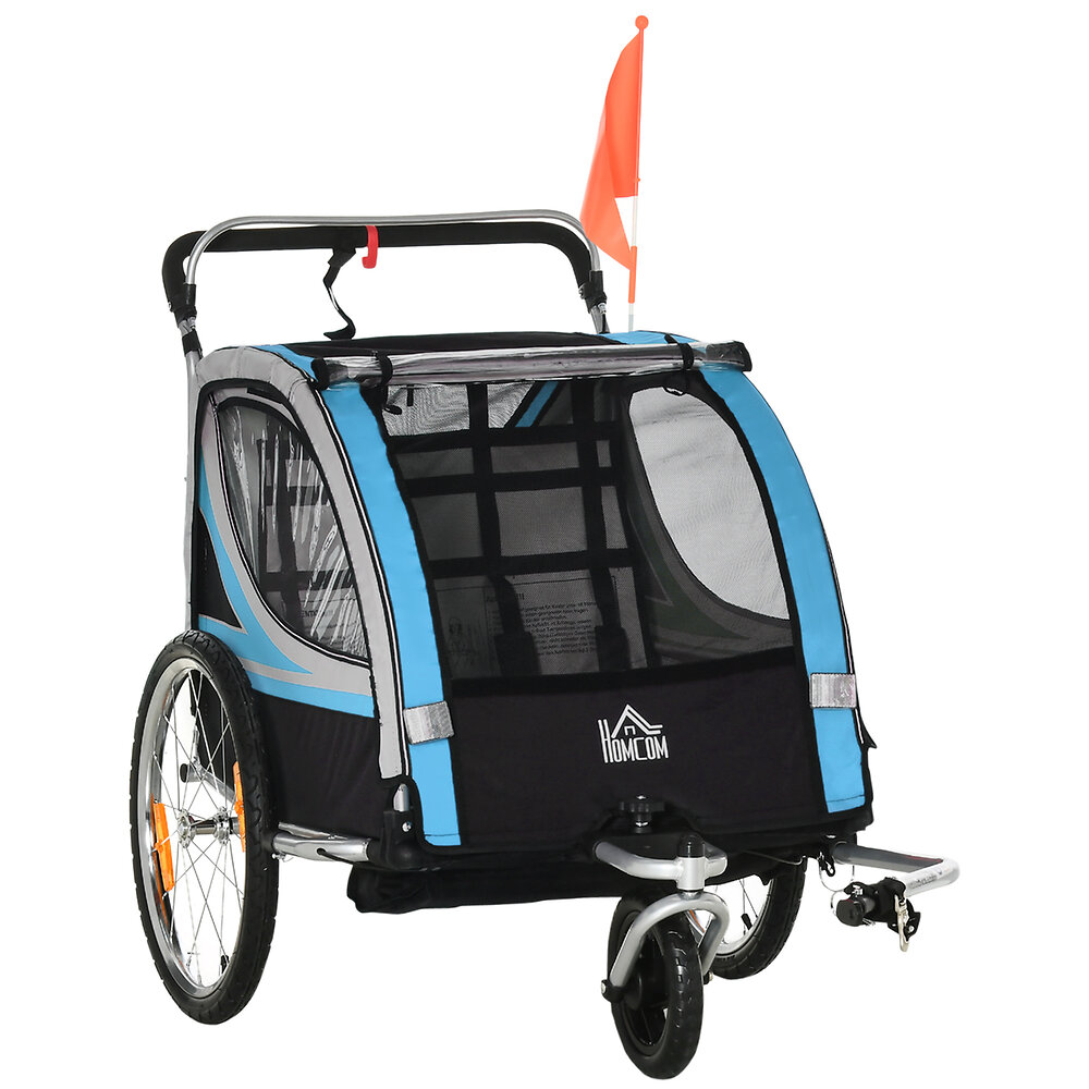 HOMCOM - Remorque vélo jogger 2 en 1 pour enfant drapeau roue avant pivotante réflecteurs et barre d'attelage inclus bleu noir - large