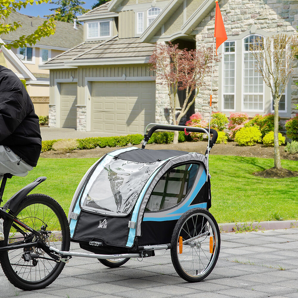 HOMCOM - Remorque vélo jogger 2 en 1 pour enfant drapeau roue avant pivotante réflecteurs et barre d'attelage inclus bleu noir - large