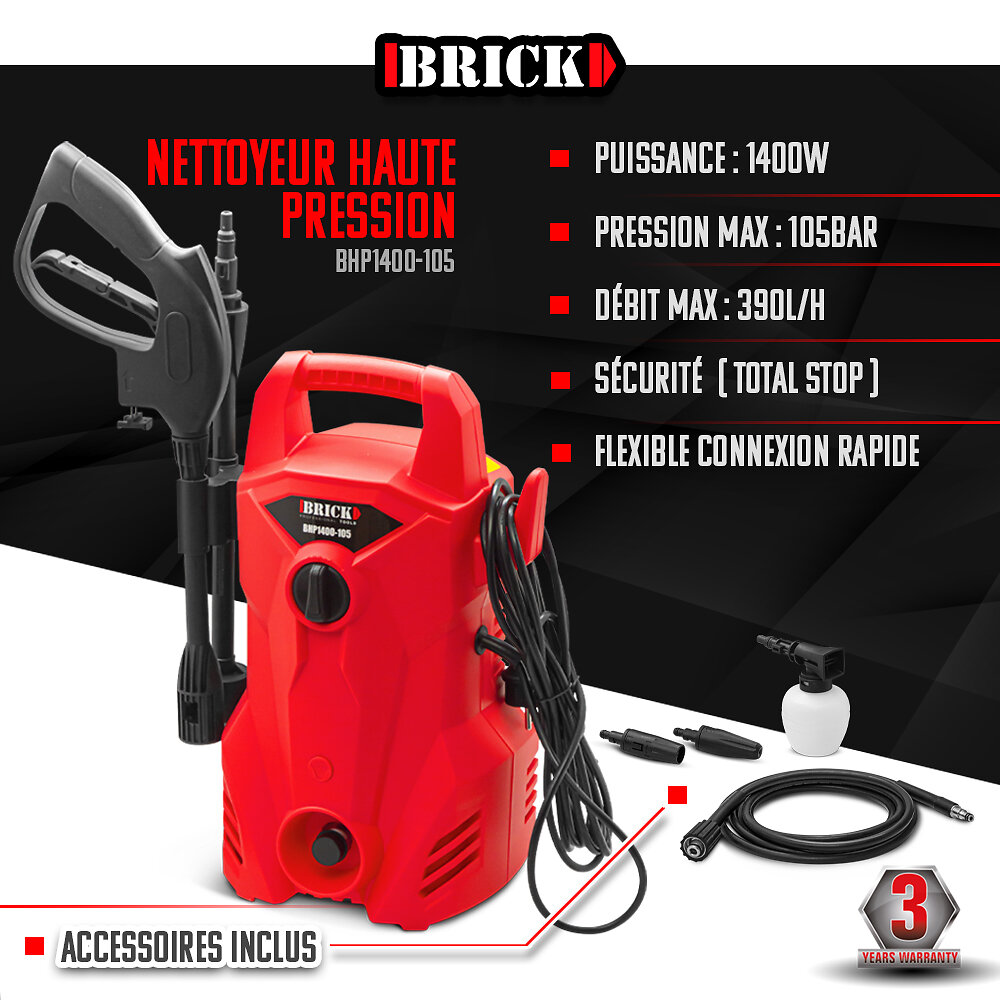 BRICK - Nettoyeur haute pression 1400W - 105 bars - Buse turbo et buse rotative - Brick - large