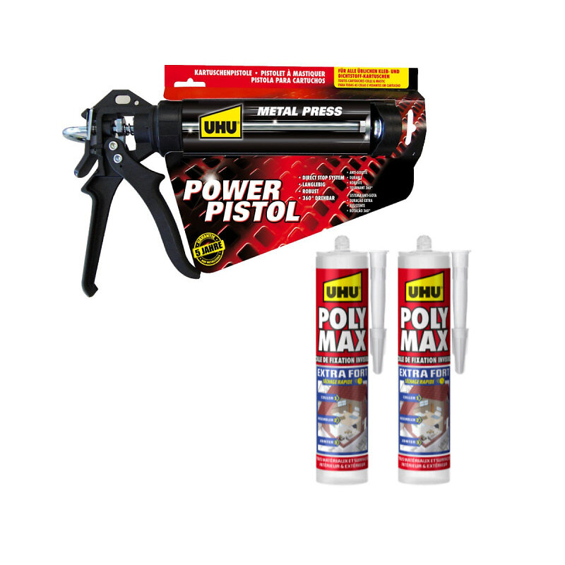 UHU - Pack UHU Power Pistol - 2 cartouches colle mastic Extra Forte Polymax Invisible - 2x300 g - large